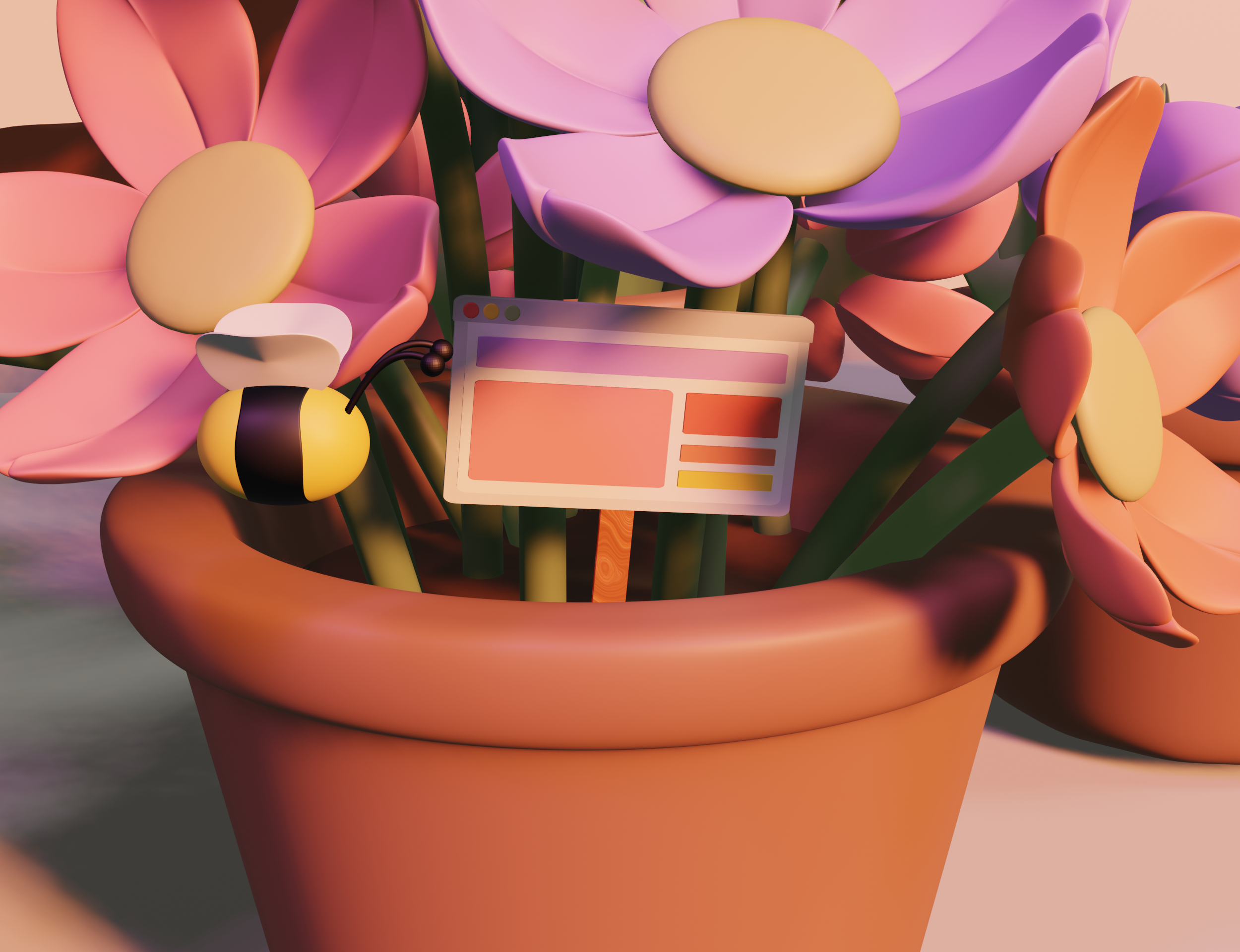 a 3D model featuring a bumblebee flying next to a pot of flowers